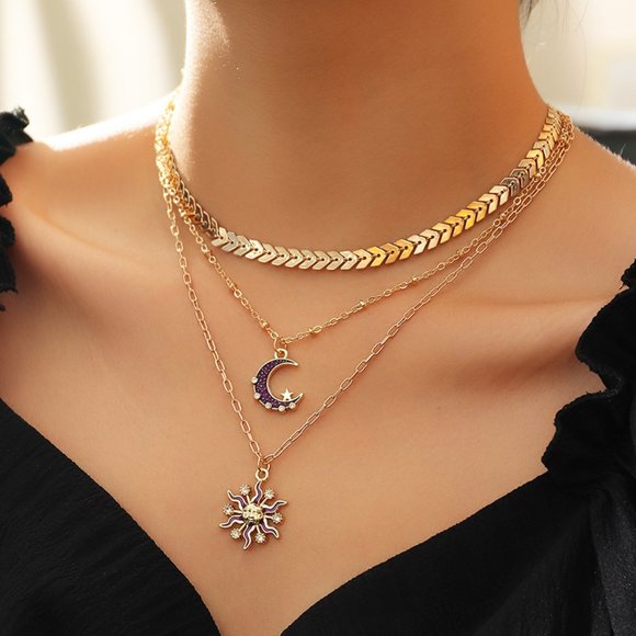 New! Sun and Moon Multilayer 3 Piece Set Necklace - Picture 1 of 7